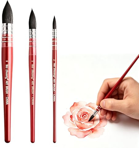 Mop Brush Watercolour Set, 3PCS Pointed Round Watercolour Brushes for Artists and Hobbyists, Red Mop Watercolour Paint Brushes Size 2 5 8 for Detailed Artwork and Large-Area Washes