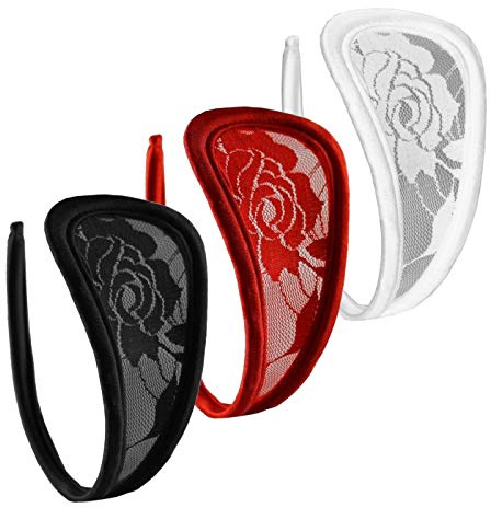 lau-fashion 3er Damen C-String Set Spitze Slip Mini Bikini Schwarz Unterhose Dessous S/M/L