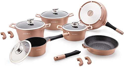 ROYALTY LINE SET 14 PEZZI IN PIETRA PENTOLE PADELLE e COPERCHIO LAVICA ROY, PER USO PROFESSIONALE E DOMESTICO, MODELLO RL-ES1014M - RAME