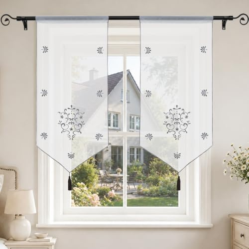 Joyswahl Scheibengardine Voile Bistrogardinen mit Quaste, Stickerei Blumenmotiv Erna Kurzstore mit Tunnelzug BxH 40x60cm Grau 1er Pack