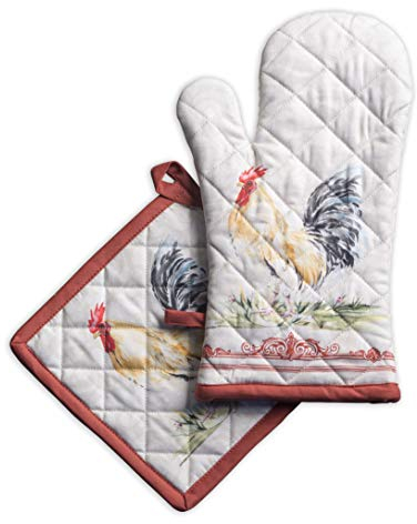 Maison d' Hermine Campagne Ensemble de Gants de Four de (19cm x 33cm) et maniques de (20cm x 20cm), 100% Coton, pour Barbecue, Cuisson, Four, Micro-Ondes, grillades, Printemps/Été, Pâques