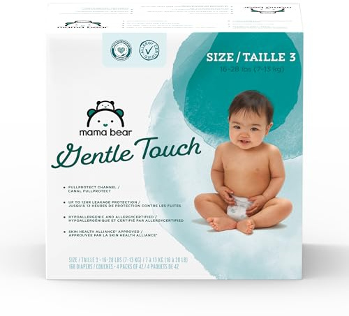 Amazon Brand - Mama Bear Gentle Touch Baby Diapers, Size 3, 168 Count (4 packs of 42), Leakproof, Keeps Baby Dry, Skin Safe, Fragrance-Free with Wetness Indicator