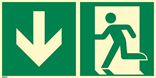 Notausgangsschild Pfeil unten, Original Hart-PVC, langnachleuchtend 55/8 mcd DIN 67510 Leuchtklasse B, 600 × 300 mm gemäß ASR A1.3 / ISO 7010 E001, Rettungszeichen/Rettungszeichenschild, 60 × 30 cm