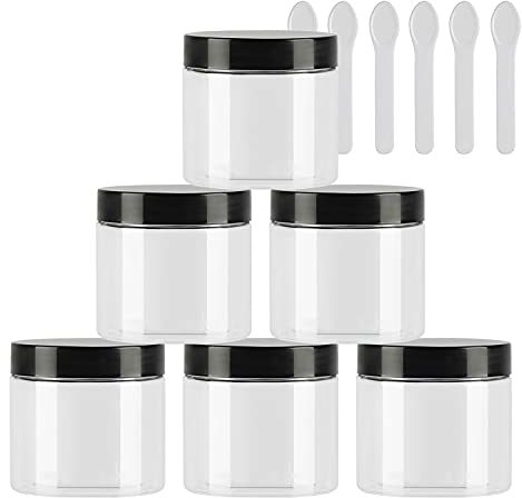 TIANZD 6 Stück Kleine 50 ml Transparent Kunststoff Leere Cremedose Dose mit Schwarz Deckel 50 g Leerdose Schraubdose Blechdosen Kosmetische Behälter Tiegel, 6 Stück Spatel