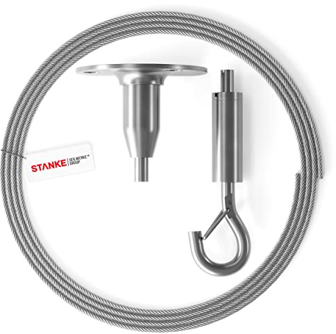 Seilwerk STANKE 2x SET 8B: 2m Drahtseil Edelstahl 7x7 1,5mm, 1x | Deckenbefestigung für Stahlseil, 1x Drahtseilhalter mit Haken einstellbar, zum Aufhängen von Bildern, Postern, Spiegeln