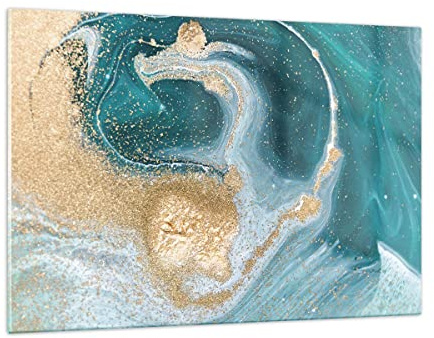 ARTTOR Bilder auf Glas 120x80cm Wandbild Glasdruck Abstrakt - 4969 | Türkis Hintergrund Golden Groß XXL Modern Dekoration Wohnzimmer Schlafzimmer Küche Wanddeko Kunstdruck Art Wall Decor ARTTOR
