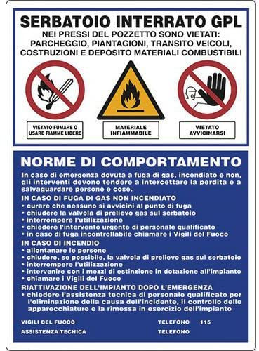 NEW CARTELLO SEGNALETICO - Serbatoio interrato GPL - Adesivo Extra Resistente, Pannello in Forex, Pannello In Alluminio (PANNELLO IN FOREX 50X70 CM)