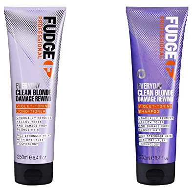 Fudge Professional Purple Conditioner, Everyday Clean Blonde Damage Rewind Gradual Toning for Blonde Hair, 250ml & Purple Shampoo, 250ml