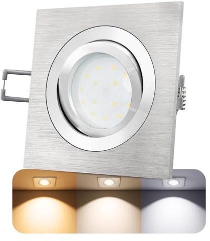 SSC-LUXon QF-2 LED Einbaustrahler eckig Alu GU10 5W 3 Lichtfarben | Gebürsteter Deckenspot eckig für Wohnzimmer, Flur & Büro - inkl. Leuchtmittel 5W 3-farbig, Lochmaß Ø75mm, kein Trafo nötig