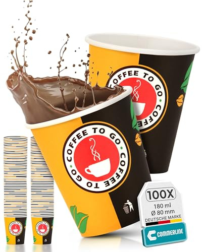 Commerline Pappbecher 180 ml, 100 Stück, Kaffeebecher to go | Coffee to Go Becher, Papierbecher aus Hartpapier, Einweg Kaffeebecher für Büro, Gastronomie, Catering & Kaffee