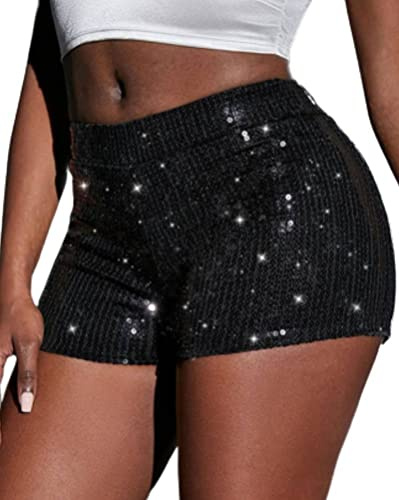 Onsoyours Kurze Hose Damen Pailletten Glitzer Shorts Sexy Hotpants Damen Sequin Shine Glitter Shorts High Waist A-Linie Sparkly Party Hotpants Sexy Nachtclub Clubwear A Schwarz S