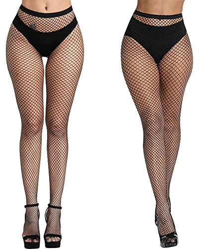 Aomig Collants Résille Femme, Sexy Élastique Collants, Taille Haute Filets Bas Résille, Cuisse Haut Bas Collants(2PCS-Noir-Milieu Petit Filet)