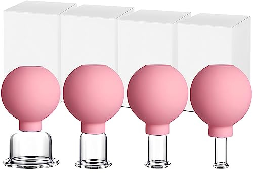 Lot de 4 Ventouses en Verre Véritable avec Voule D'aspiration en Silicone, Ventouse Massage pour le Visage Contre la Tension et la Cellulite, 4 Tailles Convient pour Tout Corps