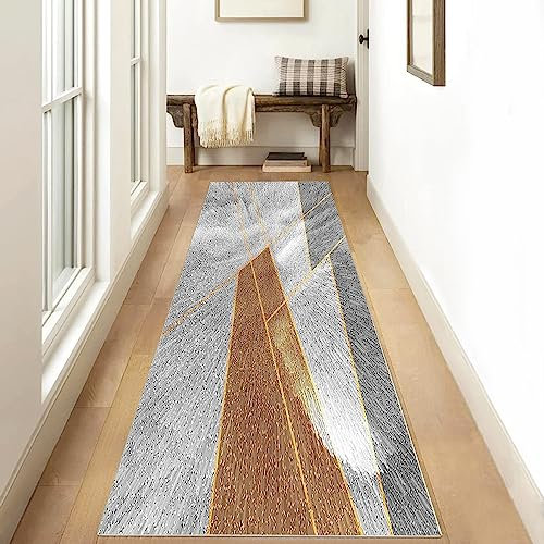 Läufer Teppich Lang Flur Kücheteppich Abstrakt 70x100cm Grau/Gold Kücheläufer rutschfest Teppichmatten Teppichläufer Waschbar Kurzflor Polyester Korridor Schlafzimmer, Anpassbar Breite 40-140cm