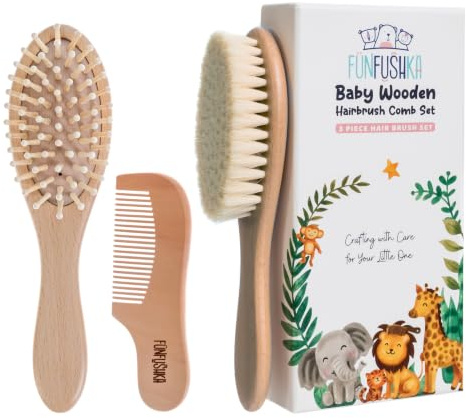 Funfushka Baby Wooden Hair Brush and Comb Set for Newborn Toddler - Natural HairBrush with Soft Goat Bristle for Girl and Boy, Perfect for Cradle Cap