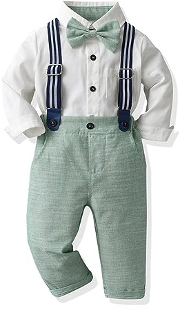 Odizli Baby Anzug Junge Hochzeit Festlich Kinder Langarm Hemd+Fliege+Hosenträger+Hose 4tlg Kleidung Set Bekleidungssets Taufanzug Taufkleidung Einschulung Outfit Kinderanzüge Grün 3-4 Jahre