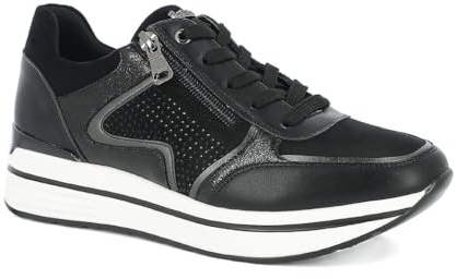 inblu Sneakers Donna con Cerniera e Strass, Scarpe da Ginnastica con Lacci, Nero, 37 EU