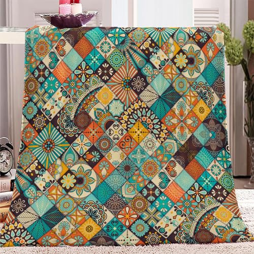 CozyRest Flanell Flauschige Kuscheldecke 150 x 200 cm, Ethnische Blumen Muster Decke Geschenke für Jungs Mädchen, Retro Sherpa Decke Wohndecke Sofadecke Sofaüberwurf Tagesdecke für Bett und Sofa