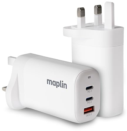 Maplin 3 Port USB Wall Charger 2x USB-C & 1x USB-A GaN PD QC 3.0 65W High Speed, for iPhone 15/14/13/12/11/SE/X/XS/XS MAX/XR/8, Samsung Galaxy, Pixel, Xiaomi, One Plus, Huawei and more