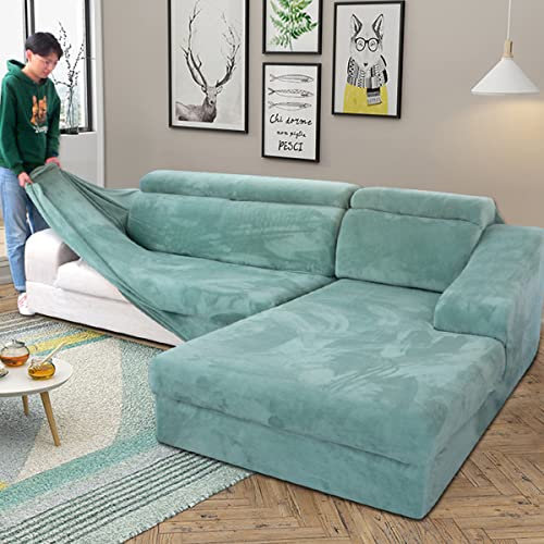 Sofabezug, L-förmiger Eckcouchbezug, Samt-Plüsch, L-förmig, einfarbig, verstellbar, für Chaiselongue, Stretch, universell, mit Kissenbezug – grün – 2-Sitzer + 3-Sitzer