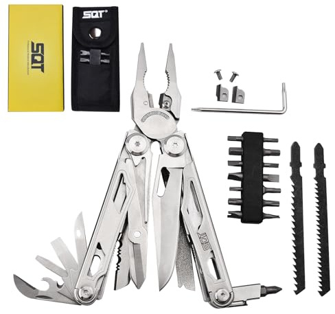SQT 20 en 1 Outil Multifonction en Acier Inoxydable, Pince Multifonction avec Scie & Tournevis, Parfait pour Randonnée, Réparation et bricoler, Cadeau Papa Cadeau Homme, étui nylon inclus, 2045