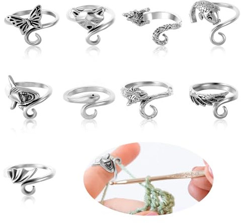 Andibro 9 Stück Einstellbare Häkelringe,Metall Strickschlaufe Ring Finger Garn Führung Geflecht Spannung Ringe Tierischer Stil Crochet Ring Basteln Zubehör für Häkeln Mutter Oma Geschenke