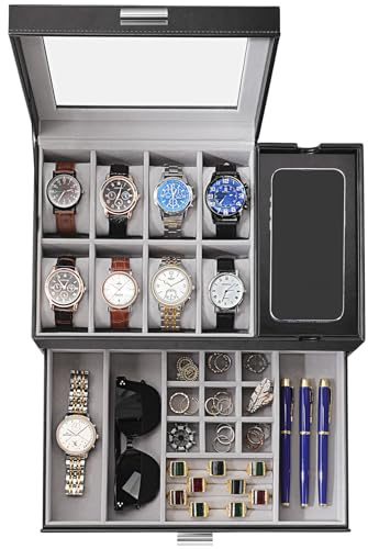 Dajasan Watch Box, Watch Case for Men, 8 Slot Watch Display Case with Glass Lid, Large Watch Holder Organizer, Sunglass Storage Organizer for Watch, Ring, Jewelry, Gift Idea, PU Leather (Black)