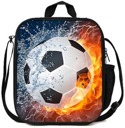 FORYNXHWIN Football Lunch Box Bag, Insulated Lunch Bag Boys Girls 3D Football Insulated Lunch Bag Kids Reusable Cooler Warm Lunch Box with Drink Bottle Holder for School Picnic Travel Hiking Camping