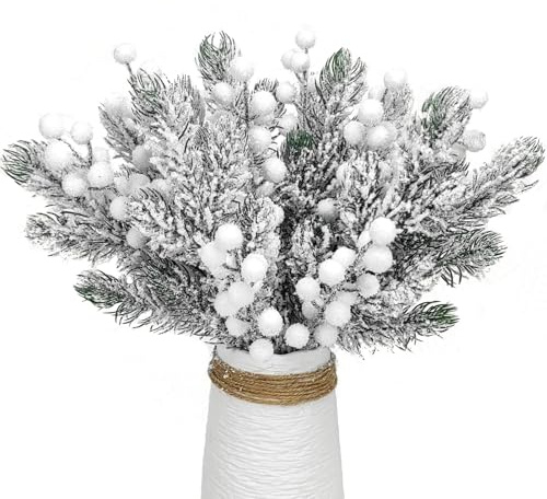 KKSTY Set di 24 rami di pino innevato artificiali, rametti di pino floccato di Natale, bacche di agrifoglio smerigliate, per realizzare ghirlande natalizie, artigianato, riempitivi per vasi e
