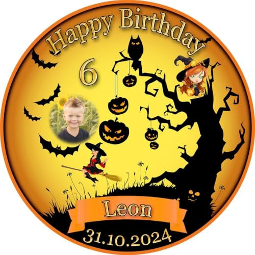 Tortenaufleger Fototorte Tortenbild Geburtstag Halloween Kürbis Hexe Fledermaus HW30 (Zuckerpapier) Rund 20 cm Ø mit Foto