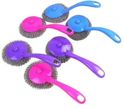 HAPINARY 12pcs Metal Scouring Pads and Steel Scrubbers Kitchen Cleaning Steel Wire Balls Sturdy Pot Brush Long Handle for Tough Grease Removal Random Color