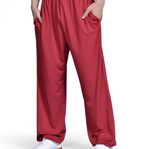 Unisex Tai Chi Kung Fu Pants,Milk Silk Martial Arts Trousers for Men Women,Yoga Pants with Pockets (Red, M)