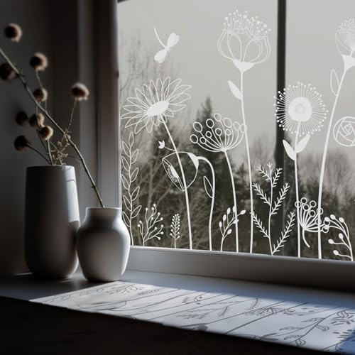 Neukids Pure White Meadows Fensterfolie Blumen,Flowers Fensterfolie150X39cm | Selbstklebend Glastüren Aufkleber,Sichtschutzfolie Fenster Kinderzimmer Schlafzimmer Küche Bad Fensterdeko