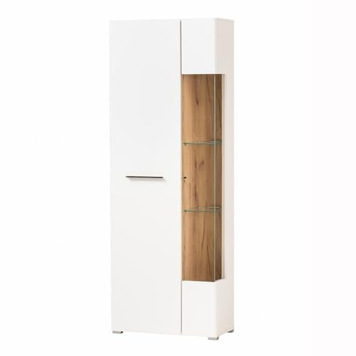 Lomadox Vitrine Vitrinenschrank Standvitrine Glasvitrine weiß mit Eiche spiegelverkehrt montierbar 72x200x34,5 cm