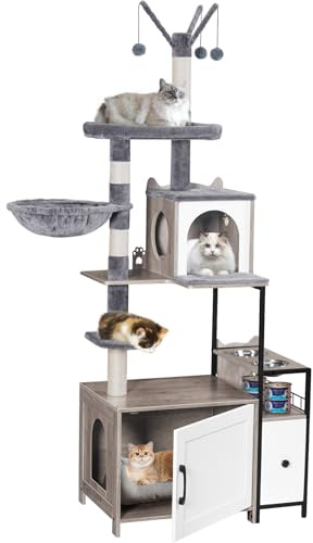 Snughome Cat Tree with Litter Box Enclosure, 3-in-1 Modern Cat Tower for Indoor Cats, 67.32’’ Hidden Cat Litter Box Furniture with Cat Condo, Food Station and Hammocks, All-in-one Cat Furniture