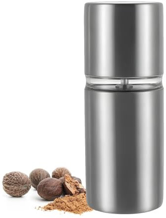 Molinillo de nuez moscada de acero inoxidable cepillado, molinillo de nuez moscada premium, rallador de nuez moscada con recipiente de almacenamiento para el mejor polvo de nuez moscada