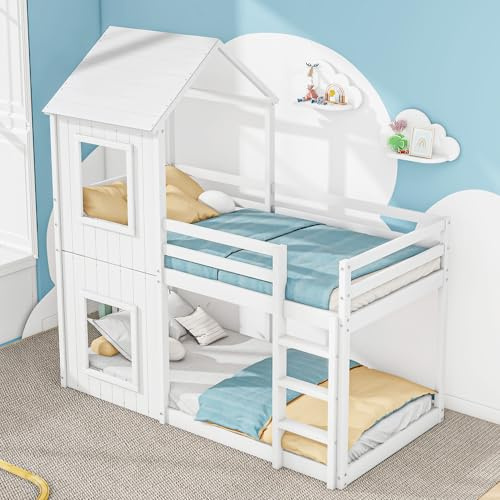 boorbin 3FT Treehouse Bunk bed 90 * 190cm, Single Bed,Cabin Bed Frame, Mid-Sleeper with Treehouse Canopy & Ladder