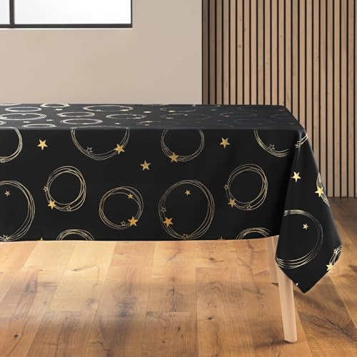 Douceur d'Intérieur, Nappe de Fête Rectangle (150 x 240 cm) Star Noir/Or, Polyester Imprimé Métallisé