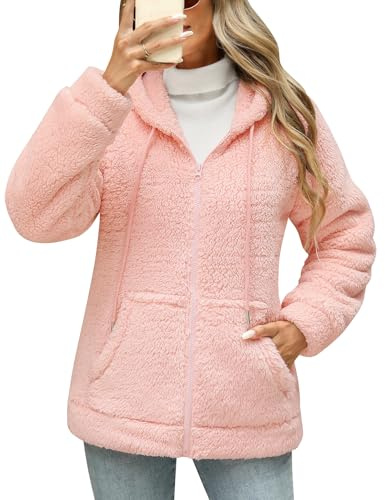 Yuson Girl Sweatshirt med dragkedja fleece med huva teddyjacka sweatshirts vintertröja höst varm termisk huvtröja lättviktig tröja ytterkläder långärmad med huva och fickor, Rosenröd, XL