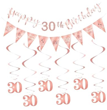 30 Geburtstag Deko Frau,30. Geburtstag Frauen Deko,Party Happy 30th Birthday,Girlande Rose Gold,Spiralen Luftschlangen,Foto Hintergrund Dekoration
