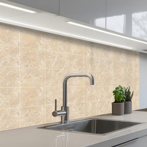 KitchenYeah© Credence Adhesive Pour Cuisine 60x100 cm Panneau Mural Adhesif Fond De Hotte Plaque Pvc Murale Peel And Stick Protege Mur Marbre - Carreaux - Beige