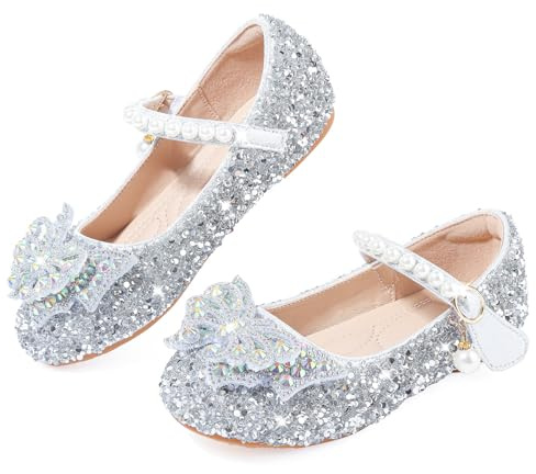 VTASQ Girls Glitter Mary Jane Princess Shoes Flat Sandal Sequin Party Wedding Shoes Toddlers Kids Ballet Dress Shoes Birthday Prom Cosplay Dance Shoes Silver UK12