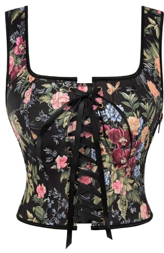 SCARLET DARKNESS Women Renaissance Lace-Up Corset Medieval Floral Square Neck Sleeveless Bustier Top Black 12