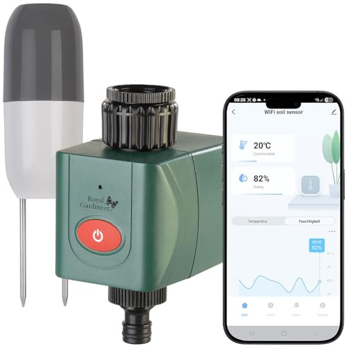 Royal Gardineer Gartenboden Bewässerung: WLAN-Bewässerungscomputer mit Bodenfeuchtigkeits-/Temperatur-Sensor (Rasen-Bewässerungscomputer, Set)