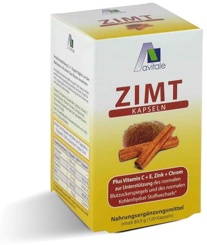 Avitale Zimt-Kapseln 500 mg Ceylon-Zimt + Vitamin C + Vitamin E, 120 Stück | Zimt-Kapseln mit Ceylon-Zimt und Vitamin C + E, Zink + Chrom: Zur Unterstützung eines normalen Blutzuckerspiegels, 3x täglich