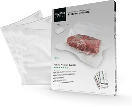 CASO Profi- Folienbeutel 40x60 cm / 25 Beutel, für alle Vakuumierer, BPA-frei, sehr stark & reißfest ca. 150µm, aromadicht, kochfest, Sous Vide, wiederverwendbar, inkl. Food Manager Sticker