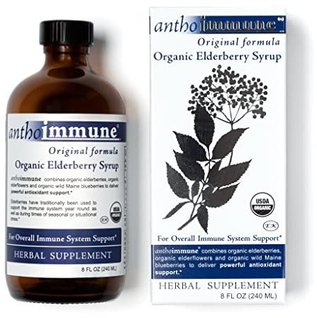Maine Medicinals Organic Elderberry Syrup - Anthoimmune - Immune Support Supplement for Adults and Kids- USDA Organic, Ultra-Premium Black Elderberry Formula (8 oz) 48 Servings