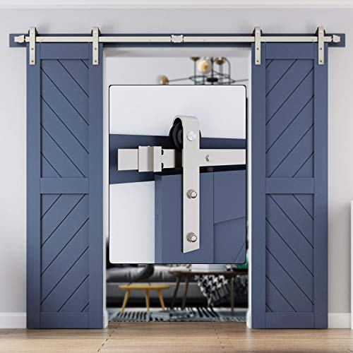 8 FT Double Sliding Barn Door Hardware Track Kit,Nickel Gray Surface(8 Foot Track Double Door kit)