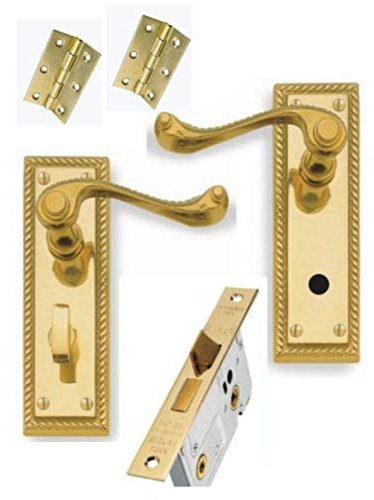 Golden Grace Georgian Handle Set, 64mm Lock, 3 Hinges, Polished Brass | Complete with spindle, screws, face plate, and strike plate for smooth installation; backplates measure 148mm x 40mm.