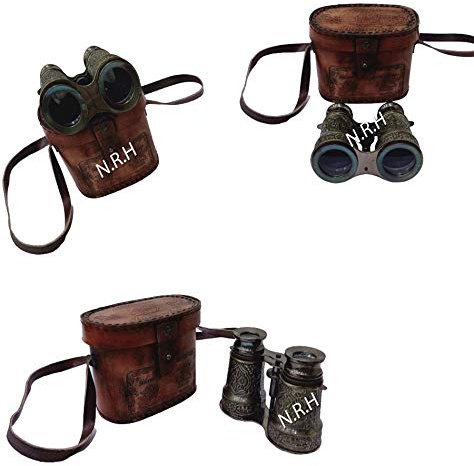 Vintage graviertes Messing-Fernglas im maritimen Stil, mit antiker Lederbox, Geschenkartikel